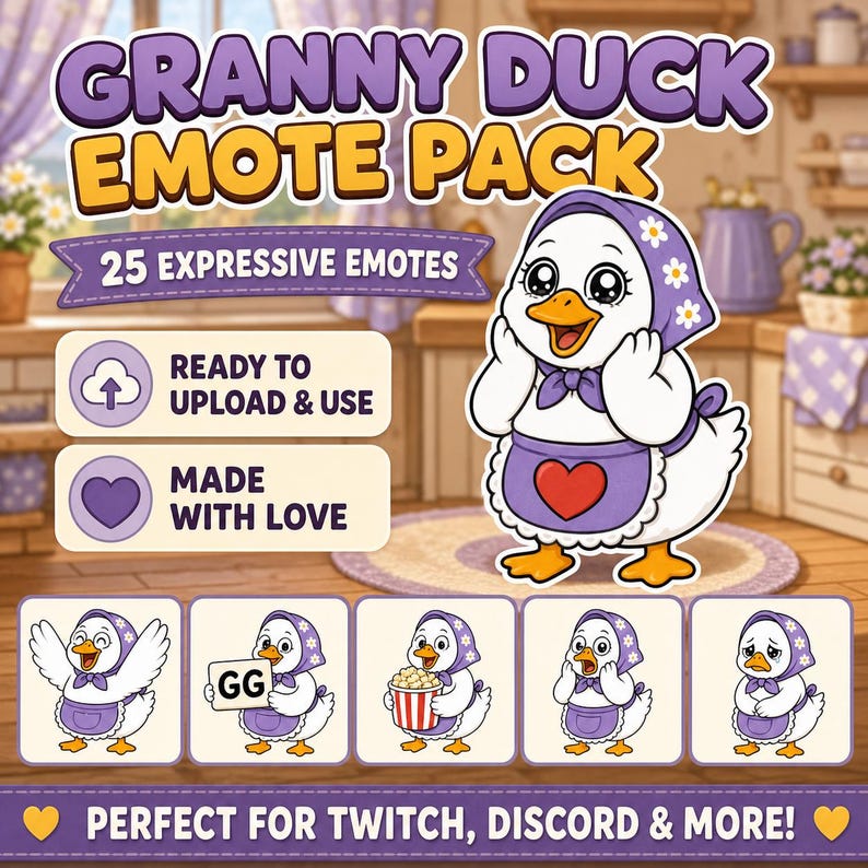 Op de afbeelding: Een digitale afbeelding met het "Granny Duck Emote Pack", met een cartoon eend met een paarse muts en schort. Het pakket bevat 25 expressieve emotes, klaar om te uploaden en te gebruiken. De tekst "Perfect for Twitch, Discord & More!" is ook inbegrepen.