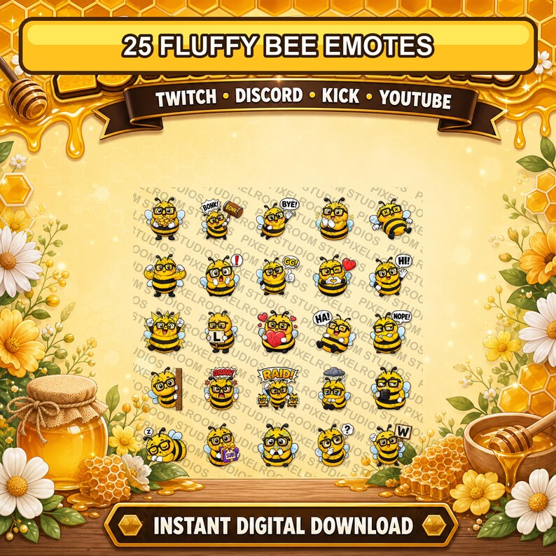 Pu&ograve; includere: Grafica digitale con 25 emoticon a forma di api soffici. Le api gialle e nere indossano occhiali ed esprimono varie emozioni. L'immagine include il testo "25 FLUFFY BEE EMOTES" e "INSTANT DIGITAL DOWNLOAD".
