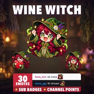 Sorcière cheveux rouges Twitch Emotes pour Discord | Pack de 30 avec Sub Badges + Channel Points