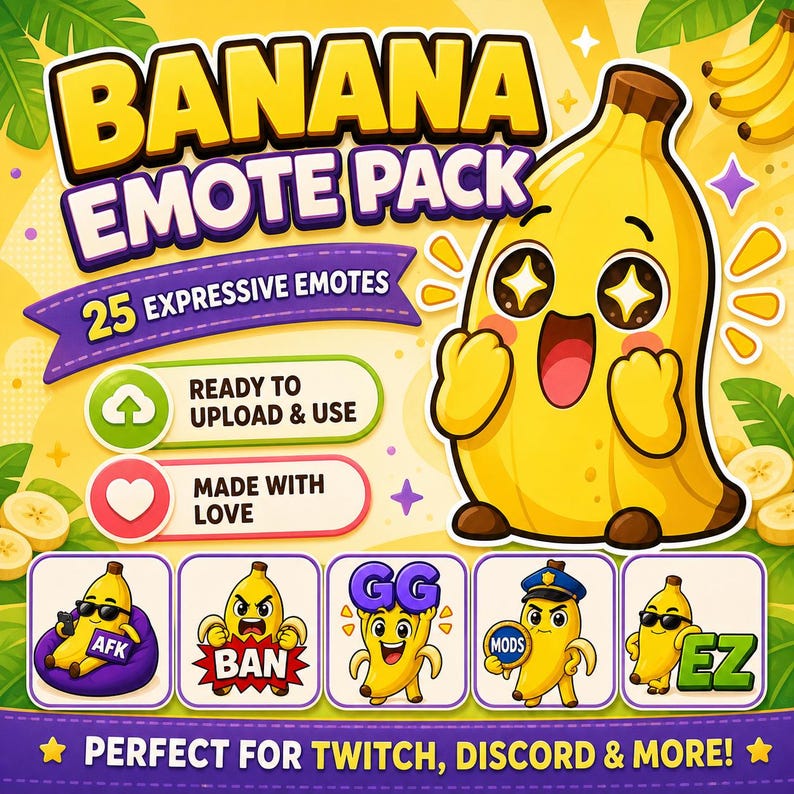 Puede incluir: Un gr&aacute;fico vibrante que promociona un "Banana Emote Pack" con 25 emoticonos expresivos. La imagen presenta un personaje de pl&aacute;tano sonriente con ojos de estrella y otros emoticonos con tem&aacute;tica de pl&aacute;tano con diferentes expresiones. El texto incluye "Ready to Upload & Use" y "Made with Love".