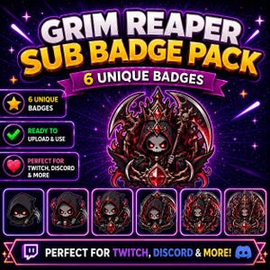 Op de afbeelding: Een digitaal grafisch pakket met een Grim Reaper-thema. Het ontwerp bevat zes unieke badges met een donker kleurenpalet, een schedel en een zeis. Tekst bevat "Grim Reaper Sub Badge Pack" en "Perfect for Twitch, Discord & More!"