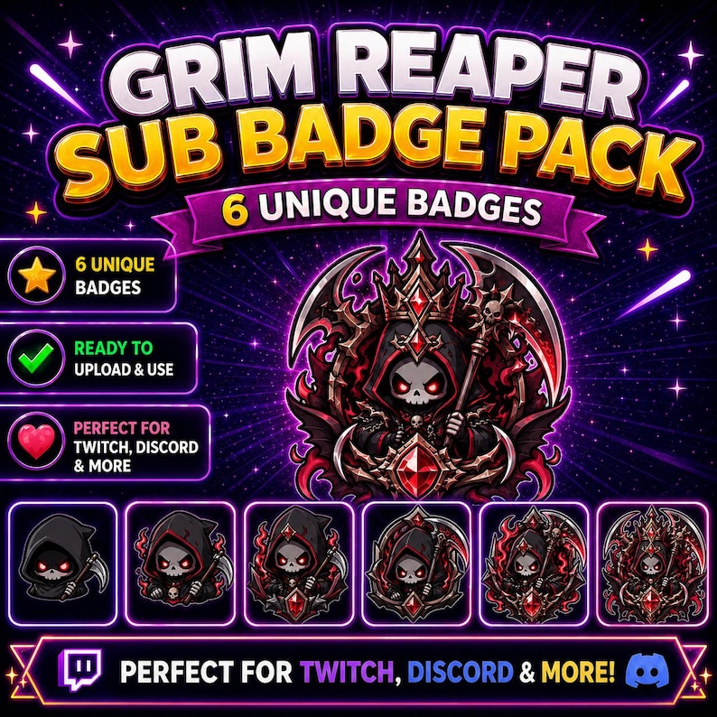 Op de afbeelding: Een digitaal grafisch pakket met een Grim Reaper-thema. Het ontwerp bevat zes unieke badges met een donker kleurenpalet, een schedel en een zeis. Tekst bevat "Grim Reaper Sub Badge Pack" en "Perfect for Twitch, Discord & More!"