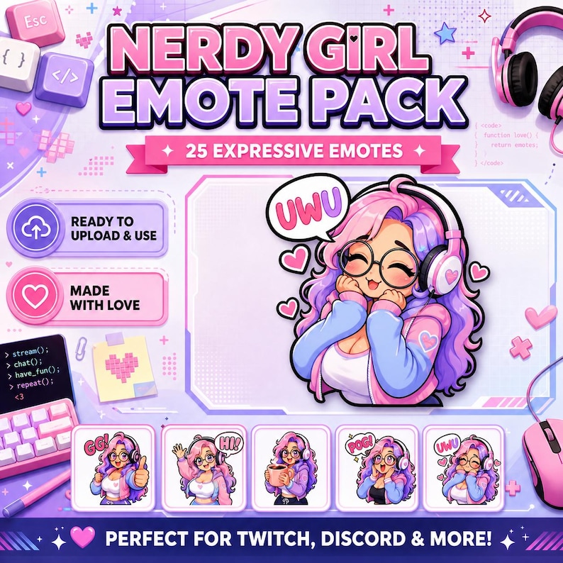Nördiga tjej-emotepaket för Twitch och Discord | 25 söta spelreaktioner bild 1