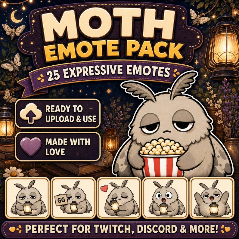 May include: Digital graphic of a moth-like character holding popcorn, with the text "MOTH EMOTE PACK" and "25 EXPRESSIVE EMOTES". Includes small emote variations and the phrases "READY TO UPLOAD & USE" and "MADE WITH LOVE".