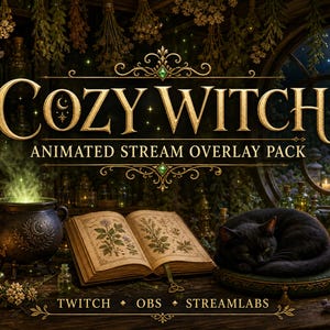 Cozy Witch Stream Overlay Pack för Twitch OBS | Animerat stugpaket