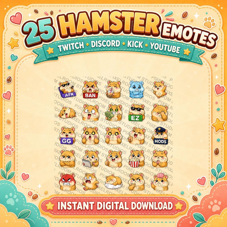 May include: A digital graphic displaying 25 hamster emotes for Twitch, Discord, Kick, and YouTube. The emotes depict different expressions and actions, with text labels such as "AFK," "BAN," and "EZ." The design has a playful, cartoon style with a light orange background.