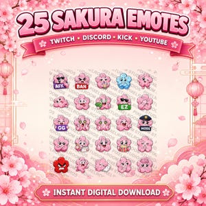 Op de afbeelding: Digitale downloadafbeelding met 25 Sakura-emotes voor Twitch, Discord, Kick en YouTube. De emotes zijn roze, bloemvormige karakters met verschillende uitdrukkingen. De afbeelding bevat de tekst "25 SAKURA EMOTES" en "INSTANT DIGITAL DOWNLOAD".
