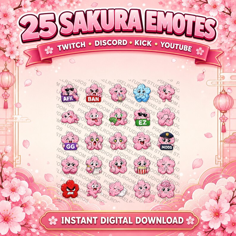 Op de afbeelding: Digitale downloadafbeelding met 25 Sakura-emotes voor Twitch, Discord, Kick en YouTube. De emotes zijn roze, bloemvormige karakters met verschillende uitdrukkingen. De afbeelding bevat de tekst "25 SAKURA EMOTES" en "INSTANT DIGITAL DOWNLOAD".