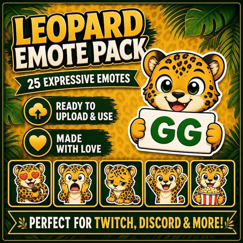 May include: A digital art graphic featuring a leopard character holding a sign with "GG" on it. The image is titled "LEOPARD EMOTE PACK" and includes the text "25 EXPRESSIVE EMOTES", "READY TO UPLOAD & USE", and "MADE WITH LOVE". The bottom banner reads "PERFECT FOR TWITCH, DISCORD & MORE!"
