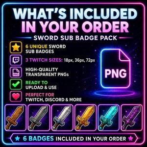 K&ouml;nnte beinhalten: Ein digitales Produktbild mit einem Neon-Stil-Rahmen. Der Text lautet &bdquo;WAS IN IHRER BESTELLUNG ENTHALTEN IST&ldquo; und &bdquo;SCHWERT-SUB-BADGE-PAKET&ldquo;. Es enth&auml;lt sechs einzigartige Schwert-Sub-Badges, drei Twitch-Gr&ouml;&szlig;en, hochwertige transparente PNGs und ist sofort einsatzbereit.
