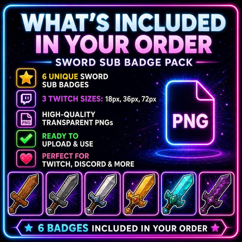 K&ouml;nnte beinhalten: Ein digitales Produktbild mit einem Neon-Stil-Rahmen. Der Text lautet &bdquo;WAS IN IHRER BESTELLUNG ENTHALTEN IST&ldquo; und &bdquo;SCHWERT-SUB-BADGE-PAKET&ldquo;. Es enth&auml;lt sechs einzigartige Schwert-Sub-Badges, drei Twitch-Gr&ouml;&szlig;en, hochwertige transparente PNGs und ist sofort einsatzbereit.