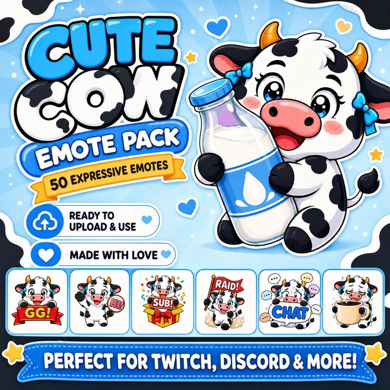 Pu&ograve; includere: Una grafica digitale con una mucca dei cartoni animati che tiene in mano una bottiglia di latte, con il testo CUTE COW EMOTE PACK 50 EXPRESSIVE EMOTES. Sotto ci sono sei piccole emote quadrate che mostrano la mucca con testi come GG, SUB, RAID e CHAT.