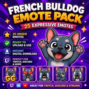 Pu&ograve; includere: Un pacchetto grafico digitale con un bulldog francese dei cartoni animati con varie emote espressive. Il pacchetto include 25 emote uniche, pronte per essere caricate e utilizzate istantaneamente. Perfetto per Twitch, Discord e altre piattaforme di streaming. Sfondo viola con stelle.