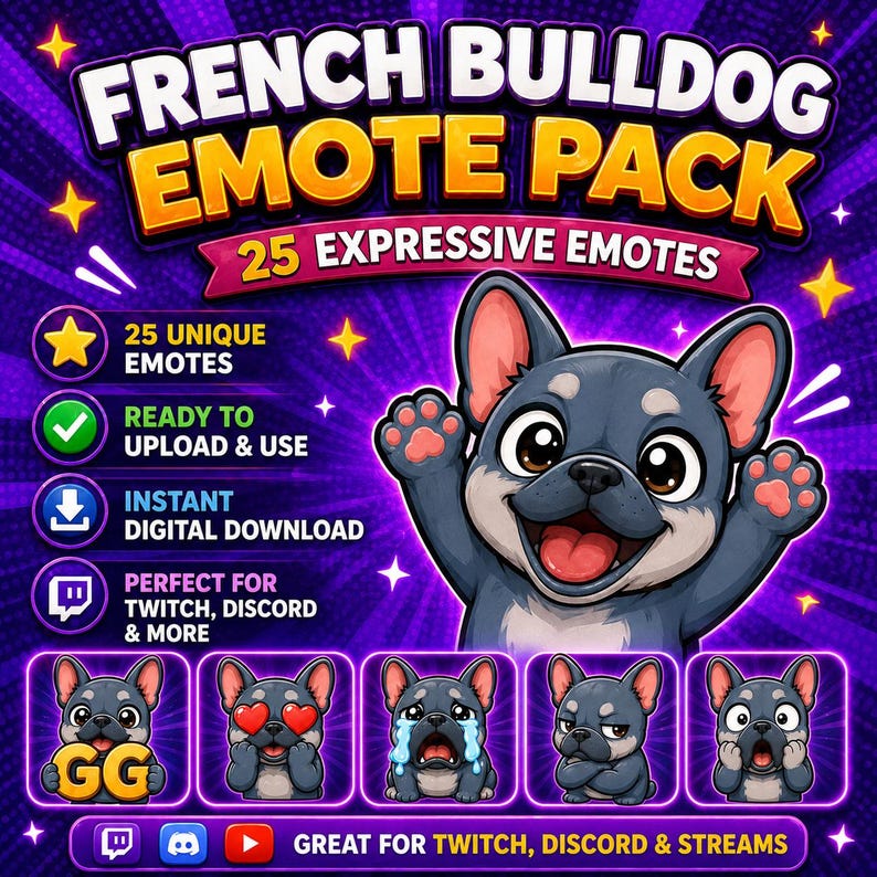 Pu&ograve; includere: Un pacchetto grafico digitale con un bulldog francese dei cartoni animati con varie emote espressive. Il pacchetto include 25 emote uniche, pronte per essere caricate e utilizzate istantaneamente. Perfetto per Twitch, Discord e altre piattaforme di streaming. Sfondo viola con stelle.