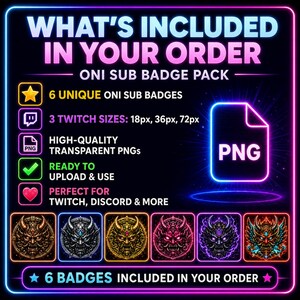 May include: A digital graphic advertising an "Oni Sub Badge Pack" with six unique Oni badges. The image includes text stating the pack contains high-quality transparent PNGs ready for use on Twitch, Discord, and other platforms.