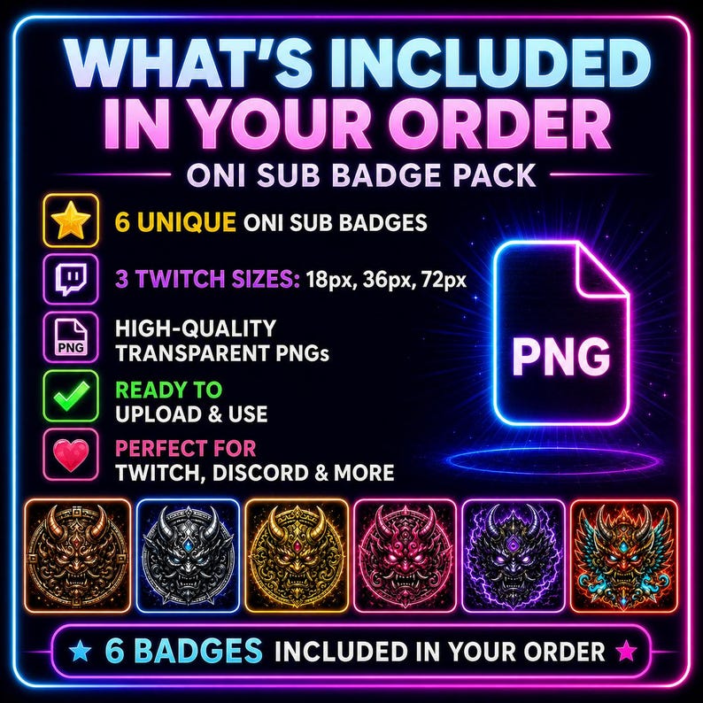 May include: A digital graphic advertising an "Oni Sub Badge Pack" with six unique Oni badges. The image includes text stating the pack contains high-quality transparent PNGs ready for use on Twitch, Discord, and other platforms.