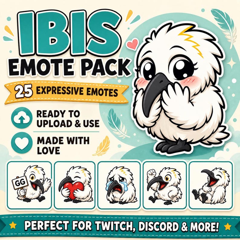 Puede incluir: Gr&aacute;fico de "IBIS EMOTE PACK" con un personaje de ibis de dibujos animados. La imagen incluye el texto "25 EXPRESSIVE EMOTES", "READY TO UPLOAD & USE" y "MADE WITH LOVE". Se muestran cinco emotes de ibis diferentes, con el texto "PERFECT FOR TWITCH, DISCORD & MORE!"