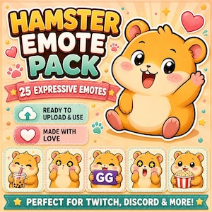 May include: A digital illustration of a hamster emote pack. The image features a smiling, orange hamster with a waving hand, surrounded by hearts and paw prints. The text reads "HAMSTER EMOTE PACK" and "25 EXPRESSIVE EMOTES". Additional text includes "READY TO UPLOAD & USE" and "MADE WITH LOVE".