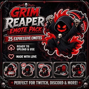 Puede incluir: Gr&aacute;fico de arte digital para un paquete de emoticonos de la Parca. El t&iacute;tulo es en rojo y blanco, con un personaje de la Parca de dibujos animados en negro y rojo. El paquete incluye 25 emoticonos expresivos.