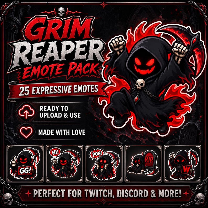 Puede incluir: Gr&aacute;fico de arte digital para un paquete de emoticonos de la Parca. El t&iacute;tulo es en rojo y blanco, con un personaje de la Parca de dibujos animados en negro y rojo. El paquete incluye 25 emoticonos expresivos.