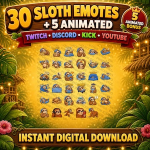 May include: A digital collection of 30 sloth emotes and 5 animated bonus emotes for Twitch, Discord, Kick, and YouTube. The graphic features various sloth characters in blue hats performing different actions with text labels like BONK, BYE, GG, and RAID.