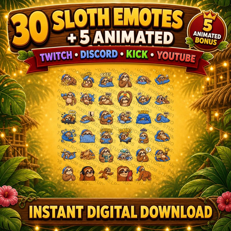 May include: A digital collection of 30 sloth emotes and 5 animated bonus emotes for Twitch, Discord, Kick, and YouTube. The graphic features various sloth characters in blue hats performing different actions with text labels like BONK, BYE, GG, and RAID.