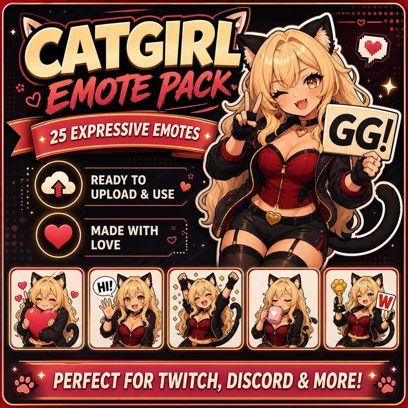 May include: A digital art graphic for a Catgirl Emote Pack. The image features a blonde anime-style character with cat ears, holding a sign that says "GG!". The pack includes 25 expressive emotes, ready to upload and use, made with love.