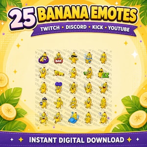 Puede incluir: Un gr&aacute;fico de descarga digital con 25 emotes de pl&aacute;tano para Twitch, Discord, Kick y YouTube. Los emotes son pl&aacute;tanos amarillos con varias expresiones y accesorios. La imagen incluye el texto "25 BANANA EMOTES" y "DESCARGA DIGITAL INSTANT&Aacute;NEA".