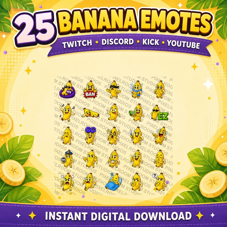 Puede incluir: Un gr&aacute;fico de descarga digital con 25 emotes de pl&aacute;tano para Twitch, Discord, Kick y YouTube. Los emotes son pl&aacute;tanos amarillos con varias expresiones y accesorios. La imagen incluye el texto "25 BANANA EMOTES" y "DESCARGA DIGITAL INSTANT&Aacute;NEA".