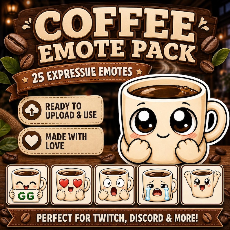May include: A digital graphic showcasing a coffee cup with a cartoon face, part of a "COFFEE EMOTE PACK" with "25 EXPRESSIVE EMOTES." The image includes coffee beans and text reading "READY TO UPLOAD & USE" and "MADE WITH LOVE." The design is for online use.