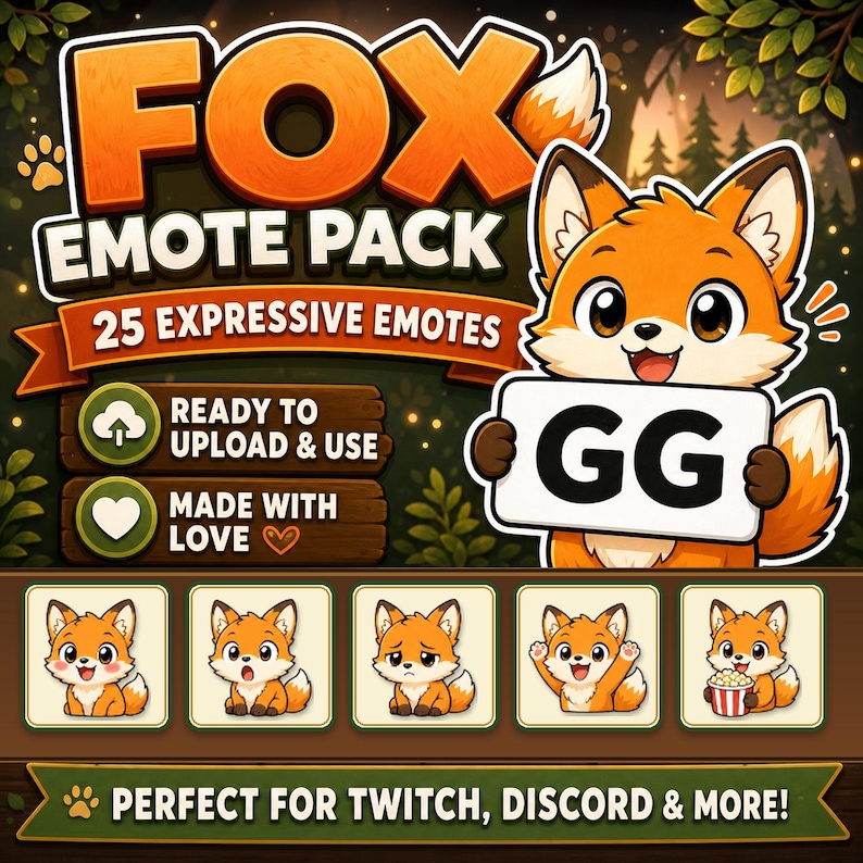 Pu&ograve; includere: Grafica di arte digitale per un "FOX EMOTE PACK" con 25 emote espressive. L'immagine presenta un personaggio di un cartone animato a forma di volpe che tiene un cartello con scritto "GG". Sotto ci sono cinque diverse emote di volpe. Il testo dice "READY TO UPLOAD & USE" e "MADE WITH LOVE".