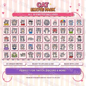 Op de afbeelding: Een roze en witte afbeelding met een "CAT EMOTE PACK" met 50 unieke katten-emotes. Elke emote is een grijze kat met verschillende uitdrukkingen en accessoires. Tekst bevat "Perfect for Twitch, Discord & More!"