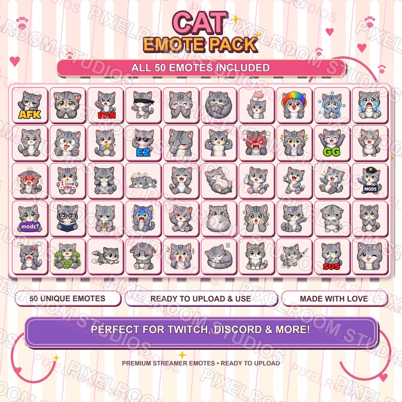 Op de afbeelding: Een roze en witte afbeelding met een "CAT EMOTE PACK" met 50 unieke katten-emotes. Elke emote is een grijze kat met verschillende uitdrukkingen en accessoires. Tekst bevat "Perfect for Twitch, Discord & More!"
