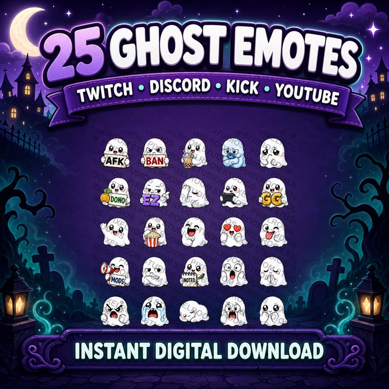 Op de afbeelding: Een digitale downloadafbeelding met 25 spook-emotes voor Twitch, Discord, Kick en YouTube. De emotes zijn witte spoken met verschillende uitdrukkingen en tekstballonnen. De achtergrond is een Halloween-sc&egrave;ne met een paarse lucht en een maan.