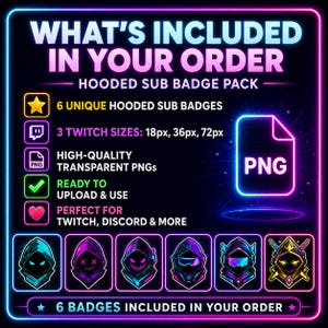 May include: A digital graphic with a black background and neon blue and pink accents. The text reads "WHAT'S INCLUDED IN YOUR ORDER" and details a hooded sub badge pack with 6 unique badges, 3 Twitch sizes, and high-quality transparent PNGs.