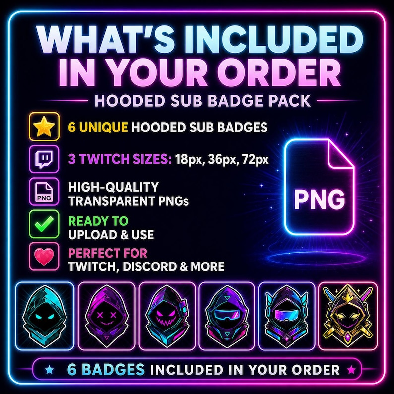 May include: A digital graphic with a black background and neon blue and pink accents. The text reads "WHAT'S INCLUDED IN YOUR ORDER" and details a hooded sub badge pack with 6 unique badges, 3 Twitch sizes, and high-quality transparent PNGs.