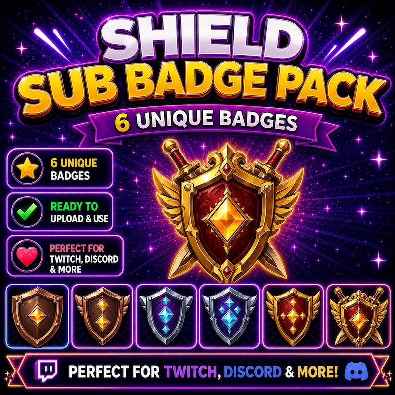 May include: A digital graphic advertising a "SHIELD SUB BADGE PACK" with six unique badges. The badges are shield-shaped with various designs and colours, including gold, brown, and blue. The image includes text that says "READY TO UPLOAD & USE" and "PERFECT FOR TWITCH, DISCORD & MORE!"
