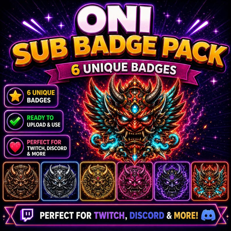May include: A digital art pack with six Oni-themed sub badges. The design features a central Oni illustration with a red face, horns, and intricate details, set against a purple and blue background. Text includes "ONI SUB BADGE PACK" and "6 UNIQUE BADGES".