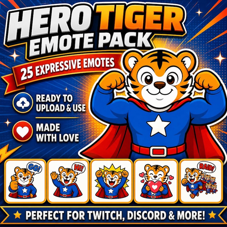 Puede incluir: Un gr&aacute;fico digital con una mascota de tigre superh&eacute;roe. La imagen incluye el texto "HERO TIGER EMOTE PACK" y "25 EXPRESSIVE EMOTES". El texto adicional dice "READY TO UPLOAD & USE" y "MADE WITH LOVE". El texto inferior dice "PERFECT FOR TWITCH, DISCORD & MORE!"