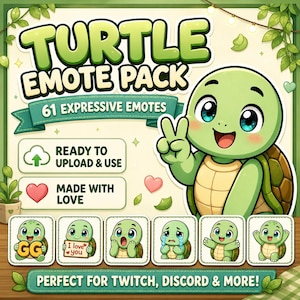 May include: A digital art graphic featuring a cartoon turtle with a peace sign, surrounded by other turtle emotes. The text reads "TURTLE EMOTE PACK" with "61 EXPRESSIVE EMOTES". Includes the phrases "READY TO UPLOAD & USE" and "MADE WITH LOVE".