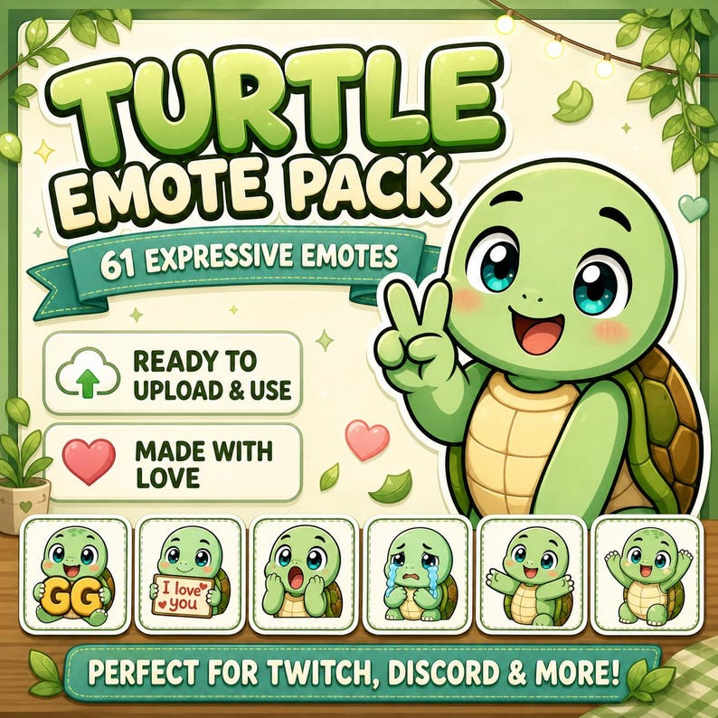 May include: A digital art graphic featuring a cartoon turtle with a peace sign, surrounded by other turtle emotes. The text reads "TURTLE EMOTE PACK" with "61 EXPRESSIVE EMOTES". Includes the phrases "READY TO UPLOAD & USE" and "MADE WITH LOVE".