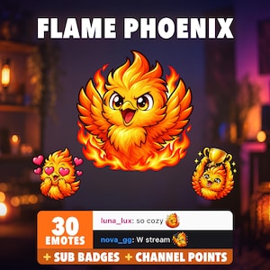 Fénix en llamas Twitch Emotes para Discord | Pack de 30 con Sub Badges + Channel Points