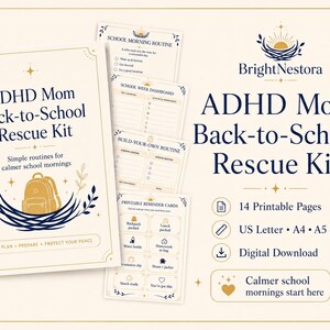 以下が含まれることがあります： ADHD Mom Back-to-School Rescue Kitのデジタルセット。USレター、A4、A5サイズの印刷可能な14ページが含まれています。ネイビーとゴールドの配色で、ルーチン、ダッシュボード、リマインダーカード、バックパックのイラストがデザインされています。