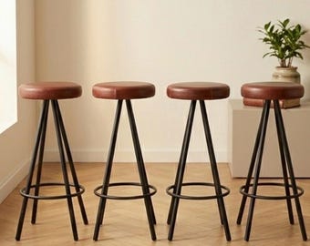 Set of 4 Bar Stools | 76cm 29.9" Seat Height | Round Brown Counter Chair | Black Geometric Base | Backless Minimalist Island Seating