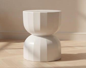 White Modern Accent Stool Sculptural Hourglass Side Table Contemporary Home Decor Living Room Bedroom Glossy White Pedestal Stool