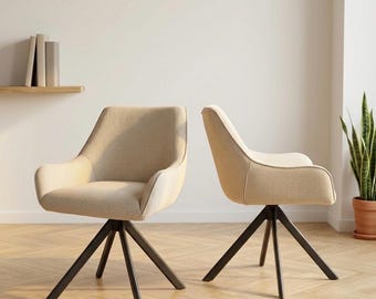 Set van 2 beige draaibare stoelen | Hoogte 83 cm | Handgemaakt modern sculpturaal zitduo | Comfortabele gebogen eetkamerstoelen met armleuningen
