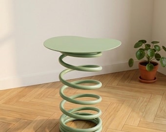 Handcrafted Sage Green Spring Side Table | Modern Minimalist Coil End Table | Unique Designer Seating | Artistic Home Decor
