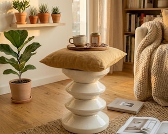 Taburete de cerámica blanco roto | 48 cm de altura | Mesa auxiliar para salón | Estilo minimalista