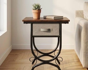 Mesita auxiliar industrial artesanal | Mesita de noche rústica moderna con cajón de almacenamiento | Elegante estructura metálica curvada | Mesita de noche para el hogar