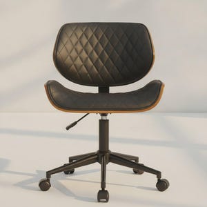 Mid Century Modern Office Chair, Black Diamond Quilted, Walnut Wood Shell, Adjustable Desk Chair, Home Office Swivel Seat, Executive Style